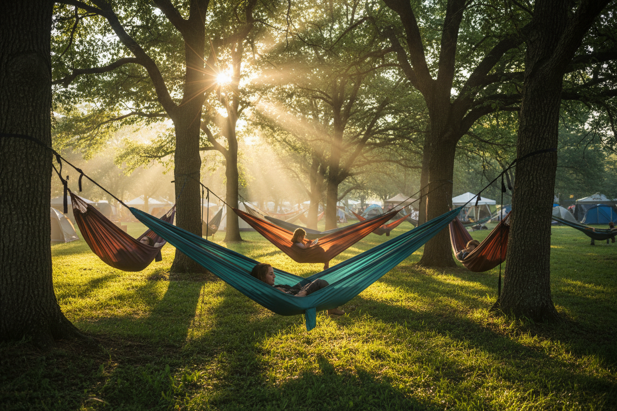 Sunlit hammocks under trees at festival